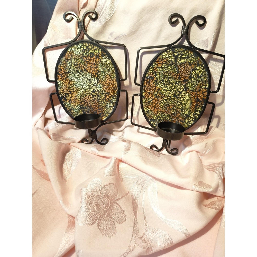 Vtg  Elements Crackle Glass Mosaic Wall Sconce Candle Holder Pair Amber Yellow